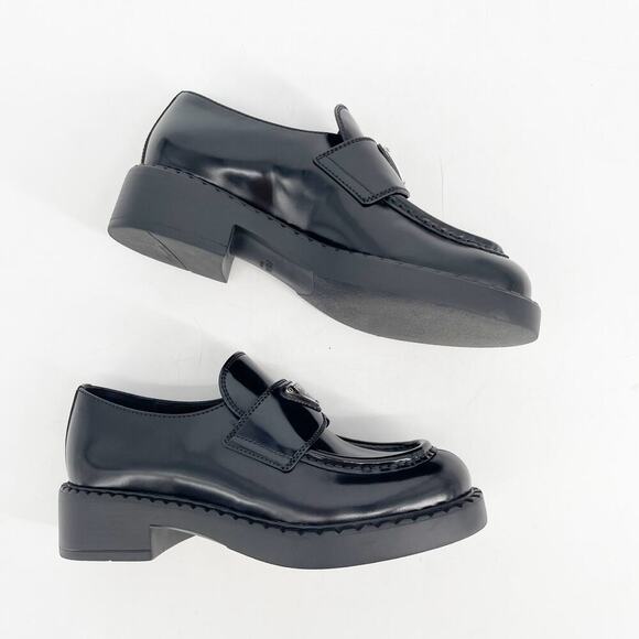 Prada Black Brushed Leather Chocolate Chunky Triangle Logo Loafer size IT 36 - Picture 4 of 15